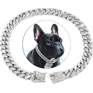 GeckoCustom Dog Chain Diamond Cuban Collar Walking Metal Chain Collar with Design Secure Buckle, Pet Cat Cuban Collar Jewelry Accessories Silver / 20cm-8inch / China