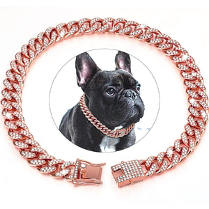 GeckoCustom Dog Chain Diamond Cuban Collar Walking Metal Chain Collar with Design Secure Buckle, Pet Cat Cuban Collar Jewelry Accessories RoseGold / 20cm-8inch / China