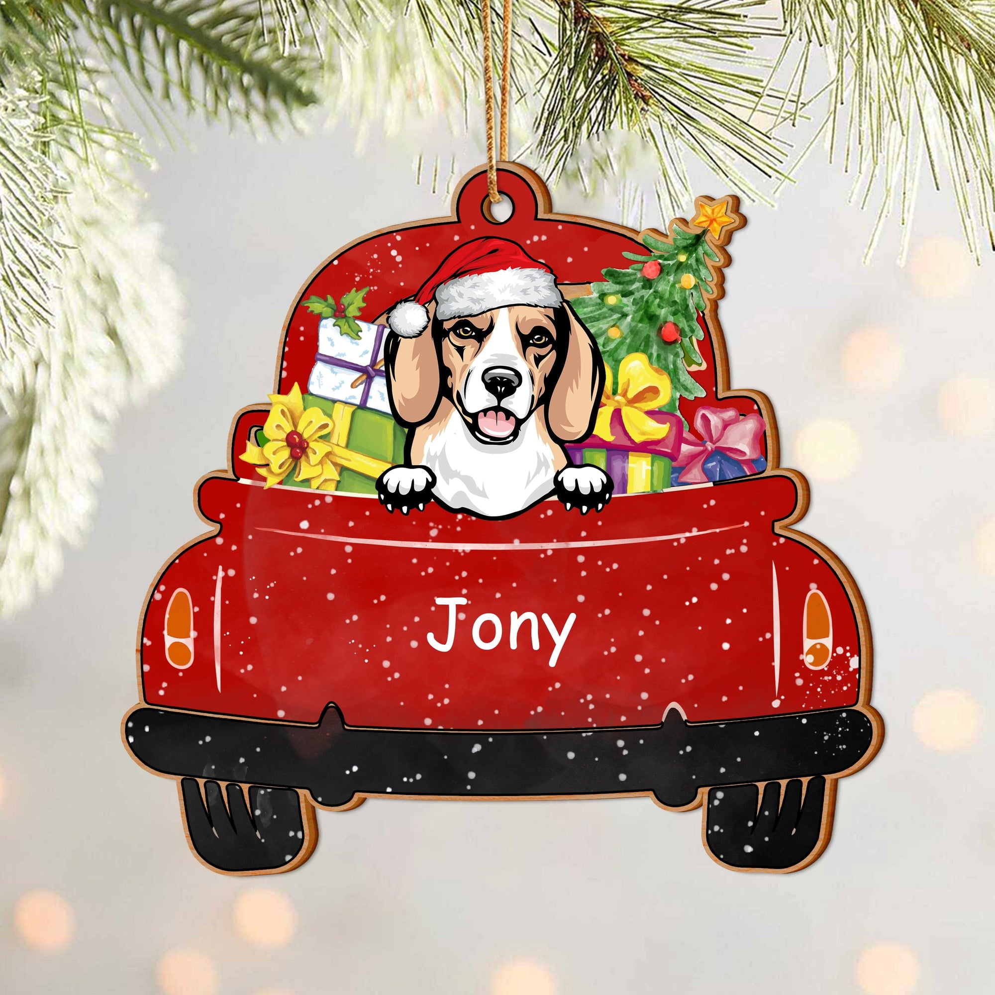 GeckoCustom Dog Christmas Red Truck Christmas Personalized Gift Wood Ornament HA75 891228