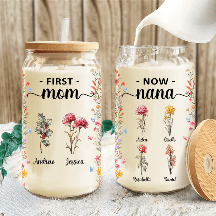 GeckoCustom First Mom Now Grandma Birth Month Flowers Daily Reminders Glass Tumbler Personalized Gift TA29 890384