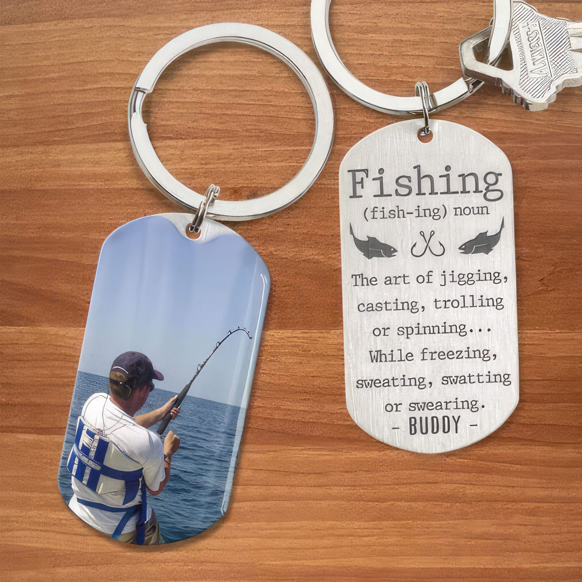 GeckoCustom "Fishing (fish-ing)noun" Fishing Outdoor Metal Keychain HN590 No Gift box
