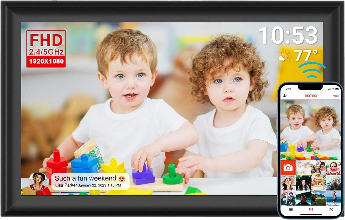 GeckoCustom FRAMEO 10.1 Inch Smart Wifi Digital Photo Frame 1280X800 IPS LCD Touch Screen, Auto-Rotate Portrait and Landscape, Built in 32GB Memory, Share Moments Instantly via Frameo App from Anywhere 15.6 Inch Frameo - Fhd