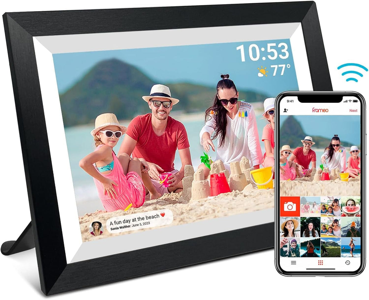 GeckoCustom FRAMEO 10.1 Inch Smart Wifi Digital Photo Frame 1280X800 IPS LCD Touch Screen, Auto-Rotate Portrait and Landscape, Built in 32GB Memory, Share Moments Instantly via Frameo App from Anywhere 10.1 Inch Frameo Black Wooden