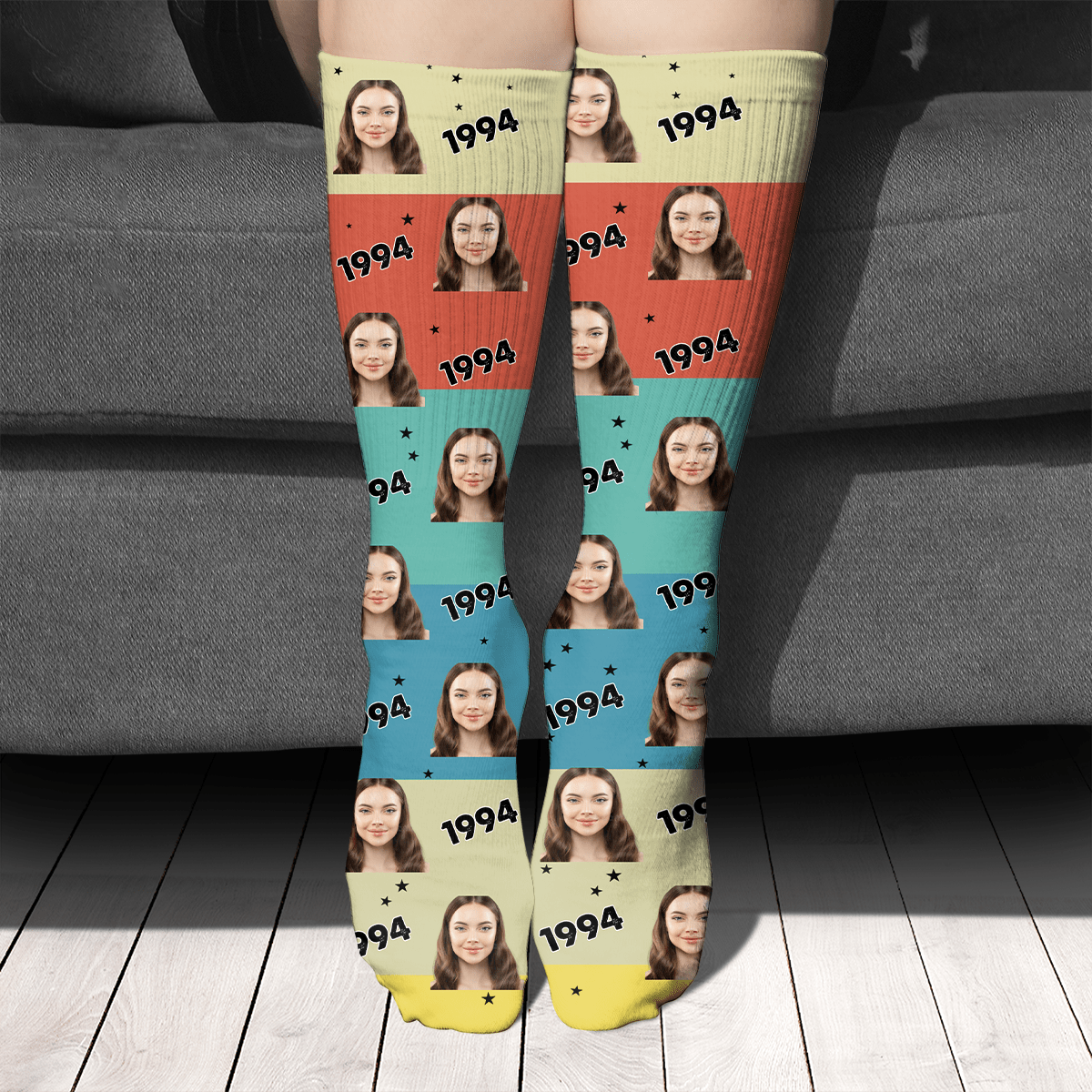 GeckoCustom Gift For Birthday, Custom Photo And Age Vintage Socks, Personalized Gift For Family SG02