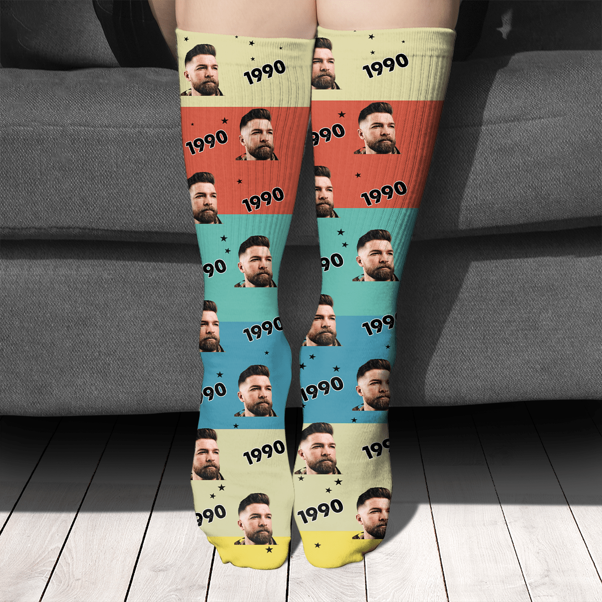 GeckoCustom Gift For Birthday, Custom Photo And Age Vintage Socks, Personalized Gift For Family SG02