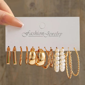 GeckoCustom Gold Color Pearl Hoop Earrings Set Metal Dangle Earrings Vintage Circle Geometric Twist for Women Girls Trendy Jewelry Gifts LY55213