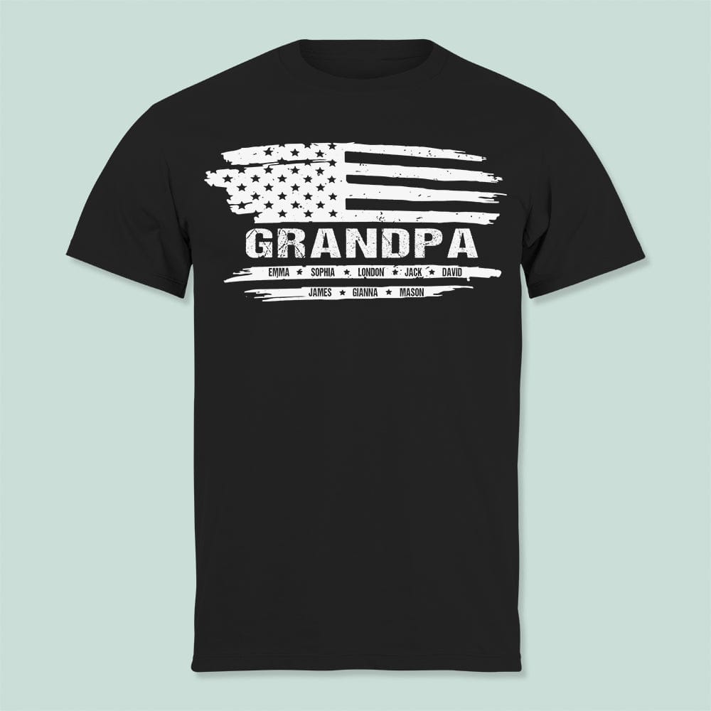 GeckoCustom Grandpa American Flag Custom Kids Name Shirt N304 889211 Unisex T-shirt / Black / S