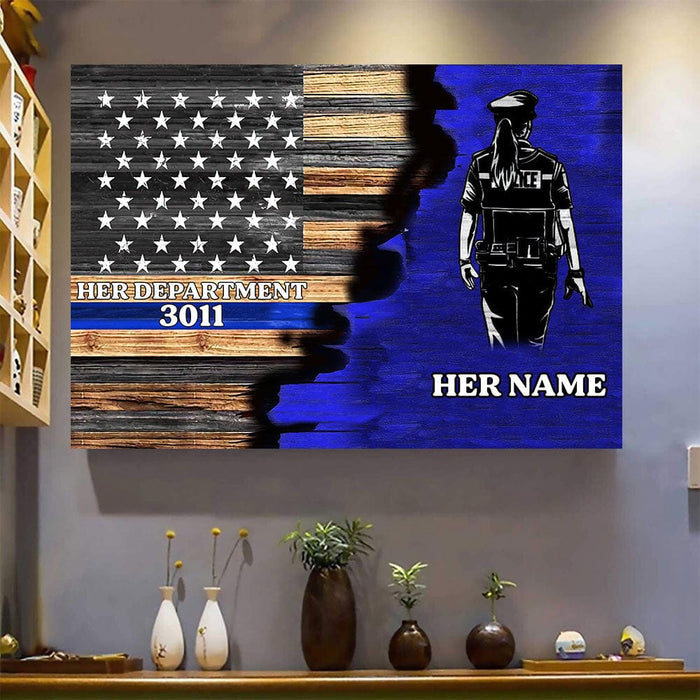 GeckoCustom Half Thin Blue Line Flag Personalized Police Officer Canvas Print NA29