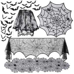 GeckoCustom Halloween Bat Table Runner Black Spider Web Lace Tablecloth Fireplace Curtain for Halloween Party Decoration Horror House Props