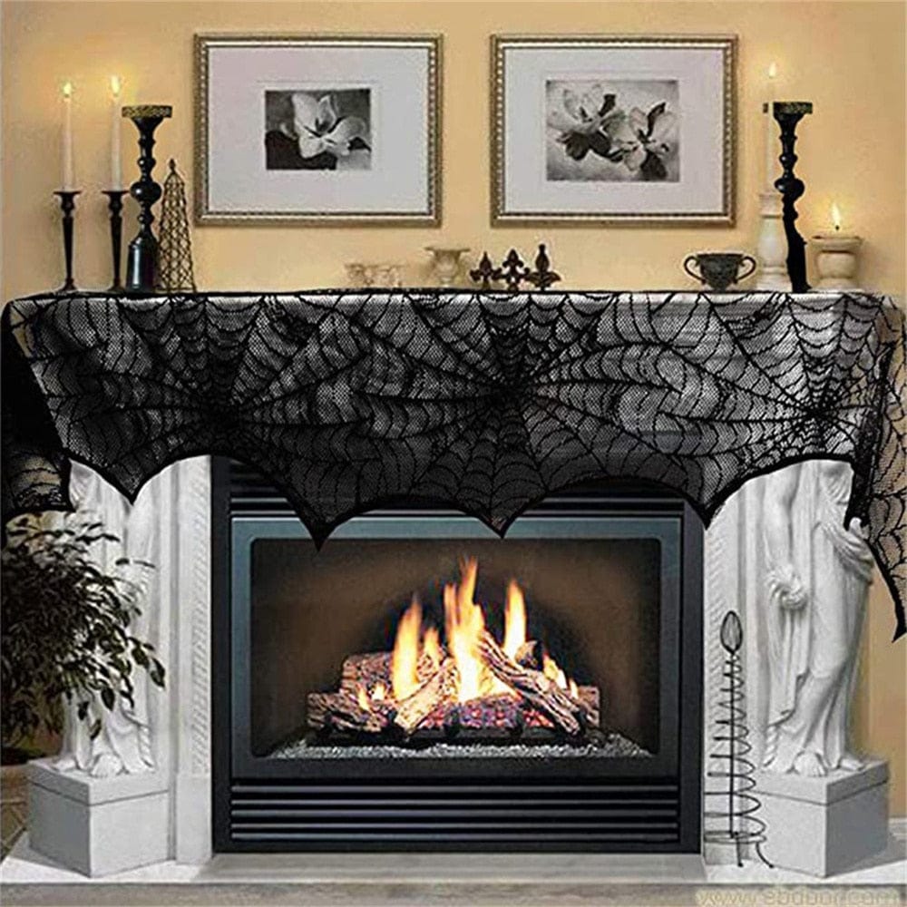 GeckoCustom Halloween Bat Table Runner Black Spider Web Lace Tablecloth Fireplace Curtain for Halloween Party Decoration Horror House Props