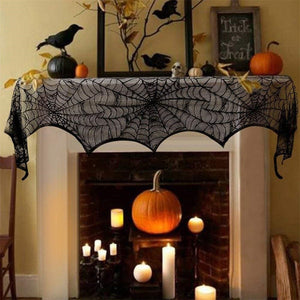 GeckoCustom Halloween Bat Table Runner Black Spider Web Lace Tablecloth Fireplace Curtain for Halloween Party Decoration Horror House Props