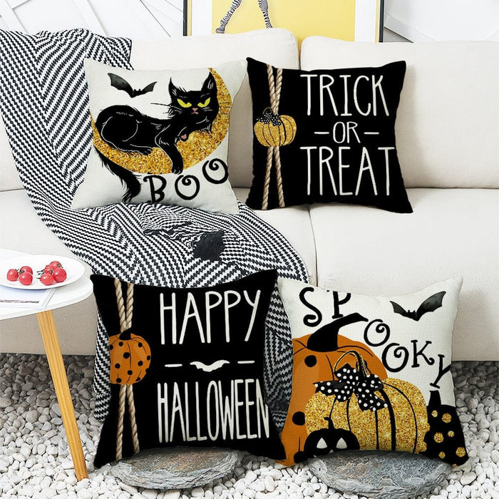 GeckoCustom Halloween Decoration Cushion Cover 18x18 Inches Linen Pillow Cover Cat Pumpkin Candy Print Pillowcases Couch Cushion Case