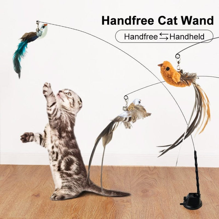GeckoCustom Handfree Bird/Feather Cat Wand with Bell Powerful Suction Cup Interactive Toys for Cats Kitten Hunting Exercise Pet Products