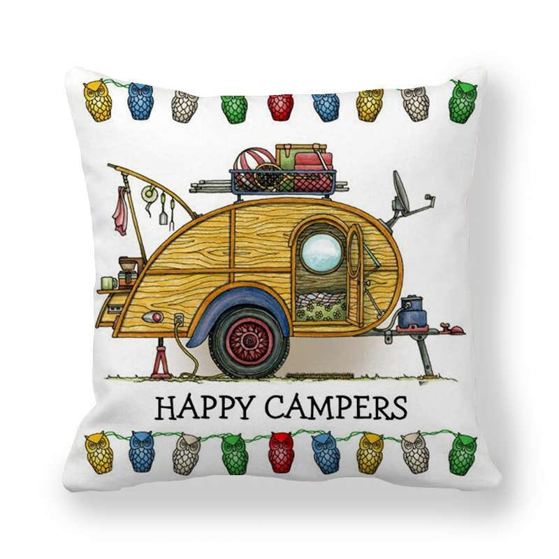 GeckoCustom Happy Camper Pillow Case Owl Camper Throw Pillow Case Cover Decorative Pillowcases 45*45CM Car Pillowcase hoofdkussen almohada