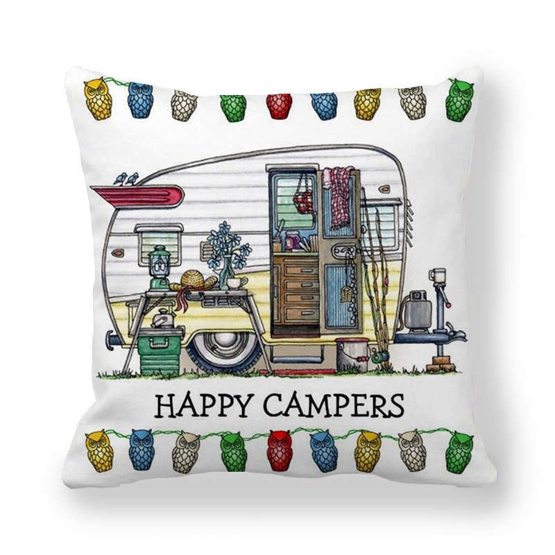 GeckoCustom Happy Camper Pillow Case Owl Camper Throw Pillow Case Cover Decorative Pillowcases 45*45CM Car Pillowcase hoofdkussen almohada