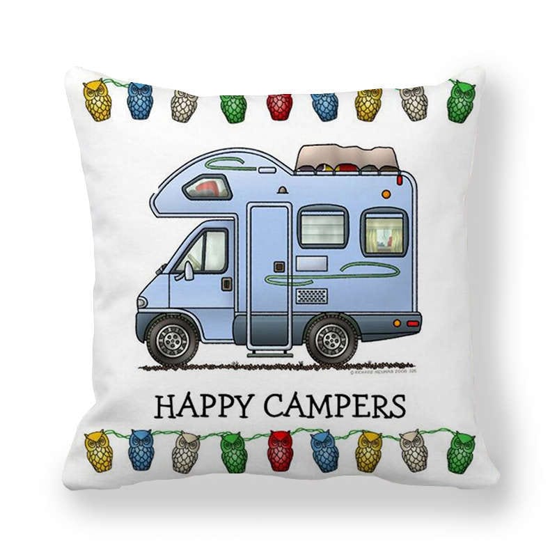GeckoCustom Happy Camper Pillow Case Owl Camper Throw Pillow Case Cover Decorative Pillowcases 45*45CM Car Pillowcase hoofdkussen almohada