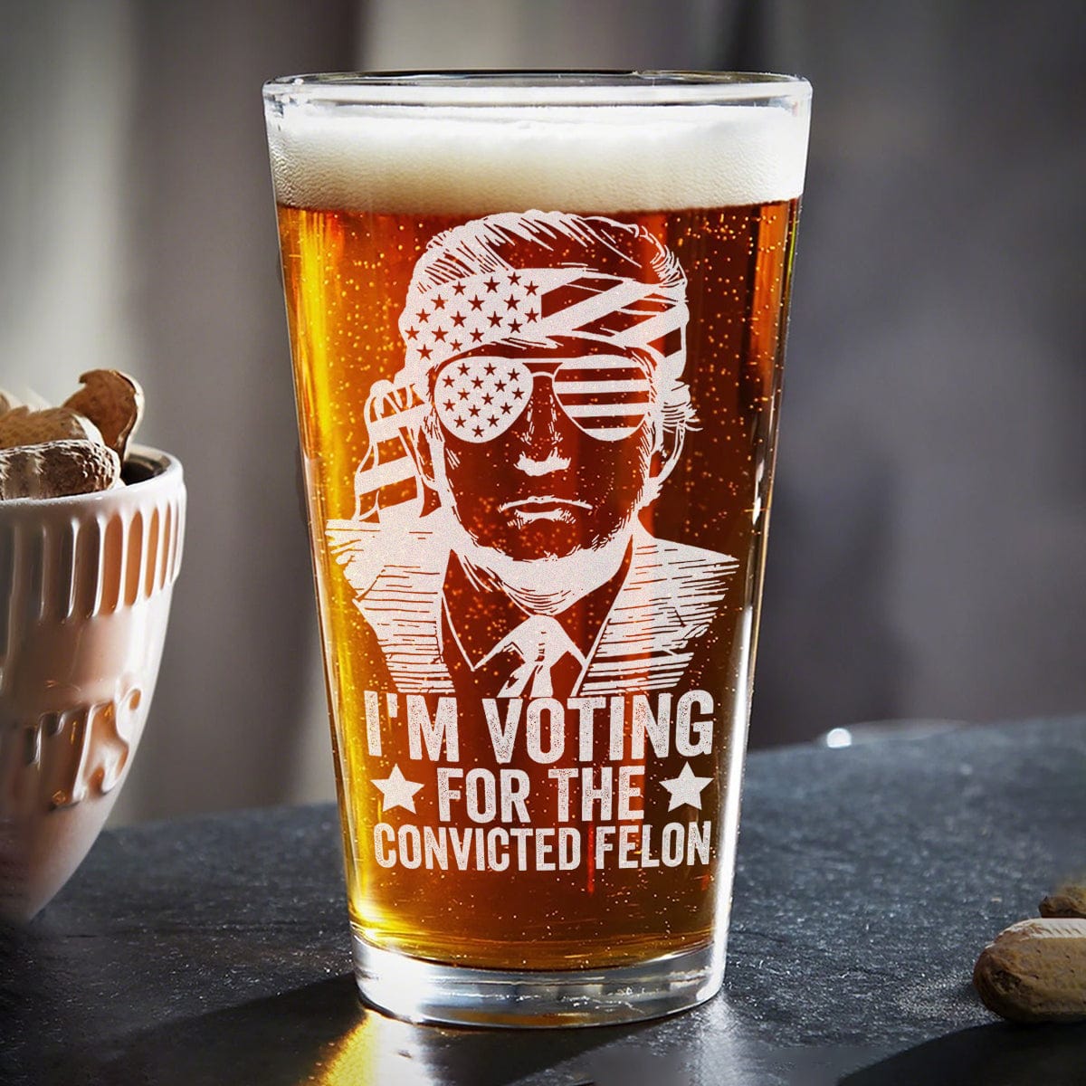 GeckoCustom I'm Voting For The Convicted Felon Trump 2024 Laser Engraved Beer Glass DM01 891159 16oz / 2 sides