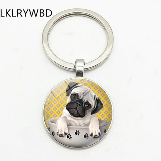 GeckoCustom LKLRYWBD Cute Pug Tea Cup Dog Keychain Keyring Jewelry Pendant Convex Glass Keychain Friends Gift 1 / Silver