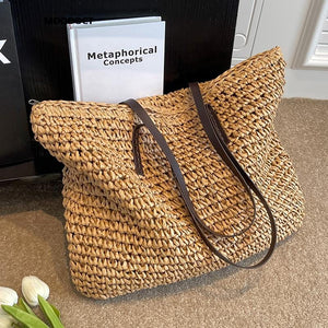 GeckoCustom Luxury Design Straw Woven Tote Bags Summer Casual Large Capacity Handbags New Fashion Beach Women Shoulder Simple Style Shopping light brown