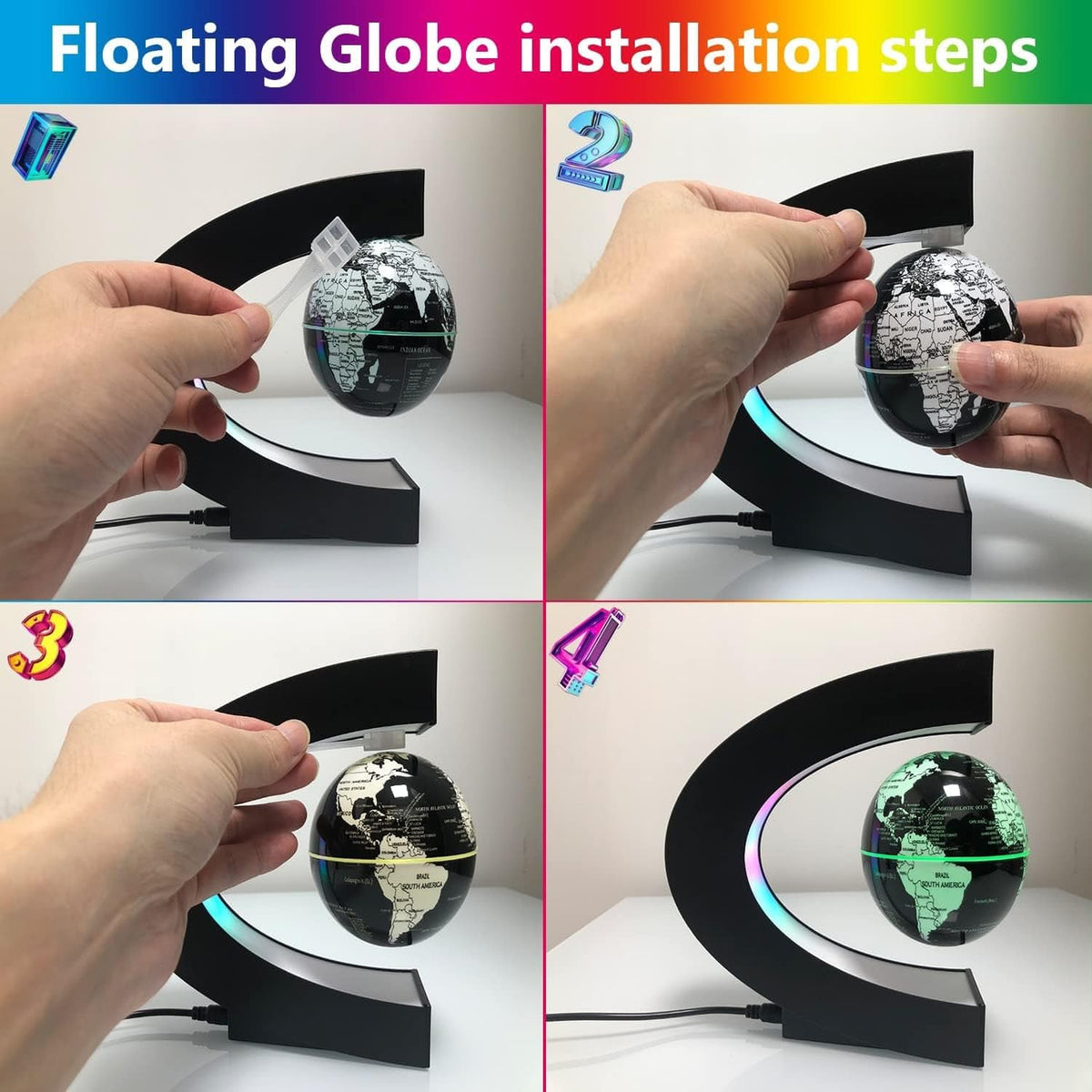 GeckoCustom Multicolor Changing Magnetic Levitation Floating Globe, Floating Globe with LED Lights, Cool Gadgets Floating Globe Decor, Valentine'S Day Gift, Great Gifts for Men/Fathers/Husbands/Boyfriends/Kids/Bosses