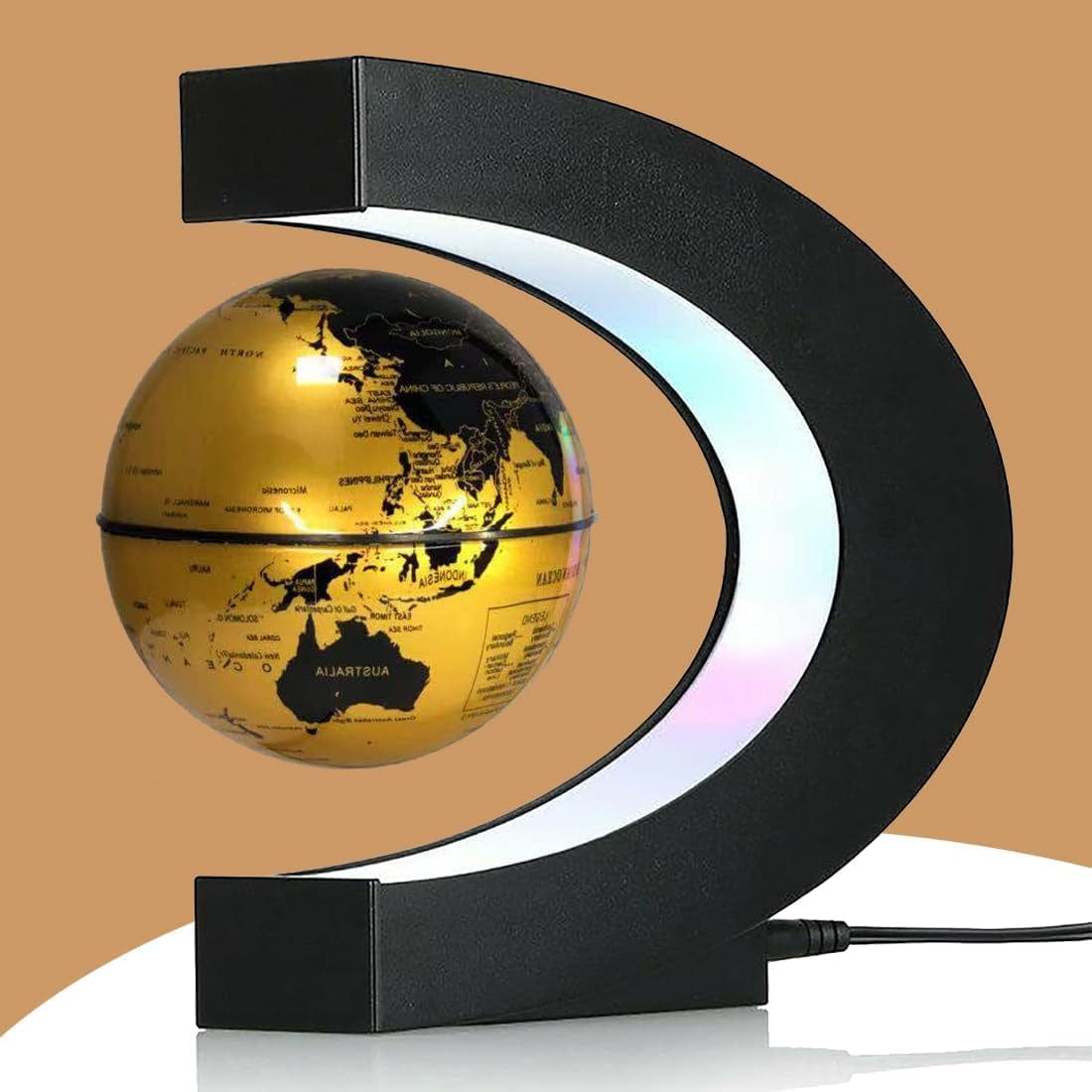 GeckoCustom Multicolor Changing Magnetic Levitation Floating Globe, Floating Globe with LED Lights, Cool Gadgets Floating Globe Decor, Valentine'S Day Gift, Great Gifts for Men/Fathers/Husbands/Boyfriends/Kids/Bosses Golden