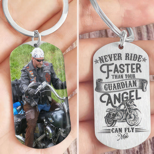 GeckoCustom Never Ride Faster Than Your Guardian Angel Can Fly Biker Metal Keychain HN590 No Gift box / Option 1