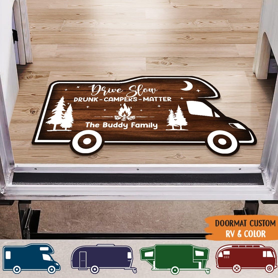 GeckoCustom Outdoor Doormat RV camper shape, Happy Campers, RV Camping Gift, HN590