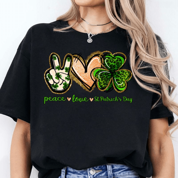 GeckoCustom Peace Love St. Patrick's Day Irish Shirt HO82 893406 Basic Tee / Black / S