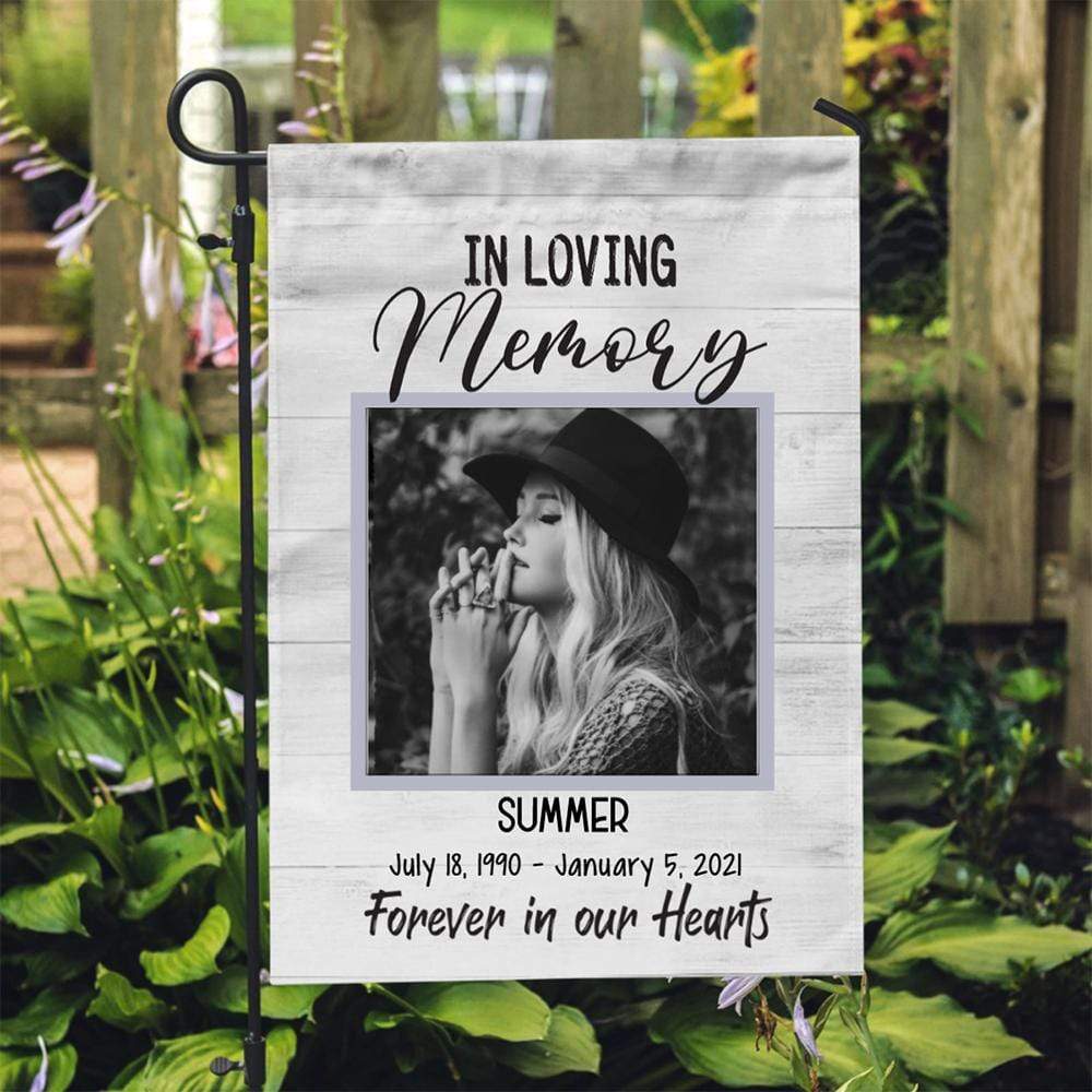 GeckoCustom Personalized Custom Garden Flag, Memorial Gift,  In Loving Memory Forever in our hearts 12"x18"