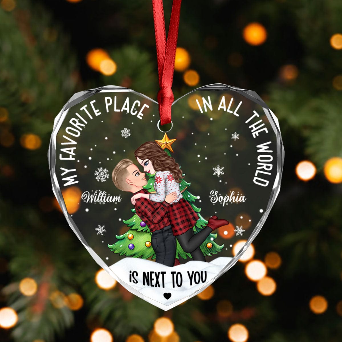 GeckoCustom Personalized Gift  My Favorite Place In The World Couple Sideview - Heart Shaped Glass Ornament LM32 891981 8 cm