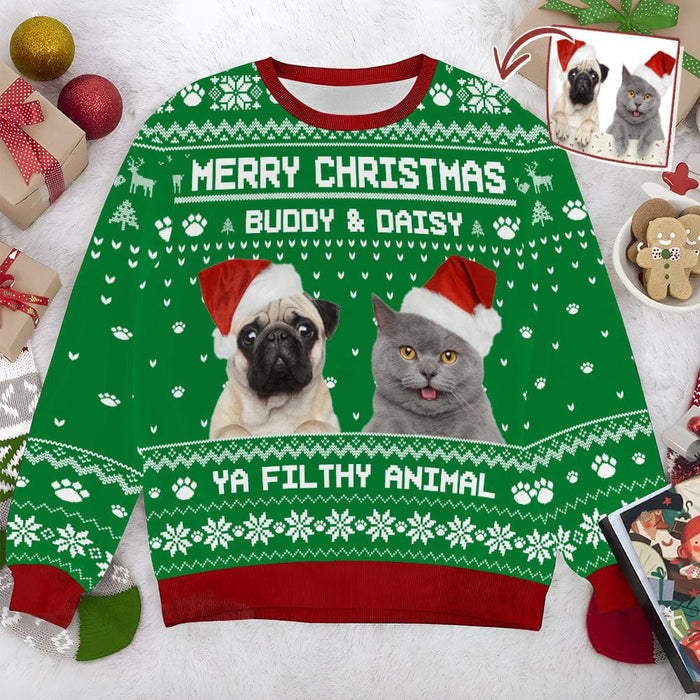 GeckoCustom Personalized Photo Dog Cat Merry Christmas Ya Filthy Animal All-Over-Print Sweatshirt DA199 HN590