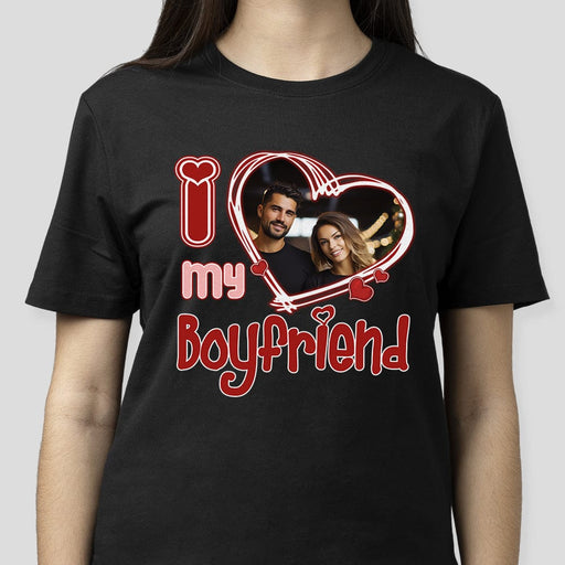 GeckoCustom Personalized Photo I Love Him/Her Valentine Dark Shirt DA199 890127 Women Tee / Black Color / S