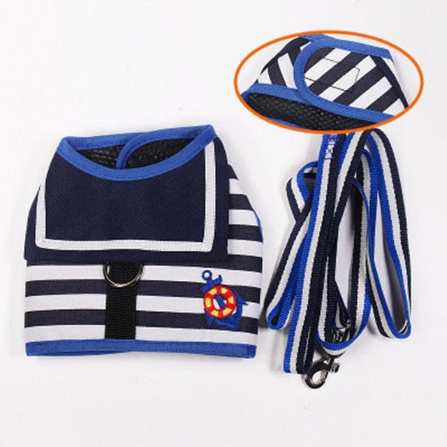 GeckoCustom Pet Dog Clothes Soft Breathable Navy Style Leash Set for Small Medium Dogs Chihuahua Puppy Collar Cat Pet Dog Chest Strap Leash blue black / XS