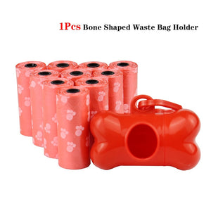 GeckoCustom Pet Poop Bags Disposable Dog Waste Bags, Bulk Poop Bags with Leash Clip and Bone Bag Dispenser 5Roll(75Pcs) Bags with Paw Prints 6Pcs Set Red