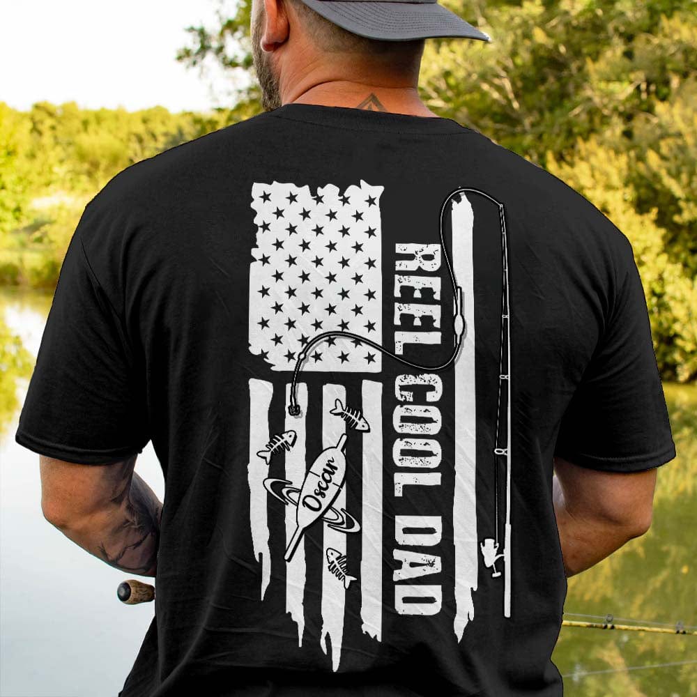 Personalized Father Day Gift Ideas, Reel Cool Dad America Flag Back Fishing Shirt, , Premium Tee (Favorite) / P Navy / S