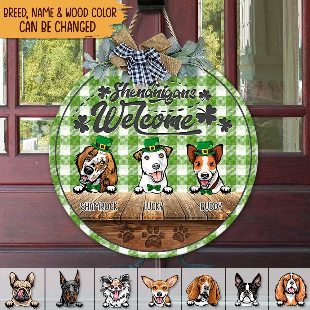 GeckoCustom Shenanigans Welcome St.Patrick's Day Dog Wooden Door Sign With Wreath  HN590 12 inch