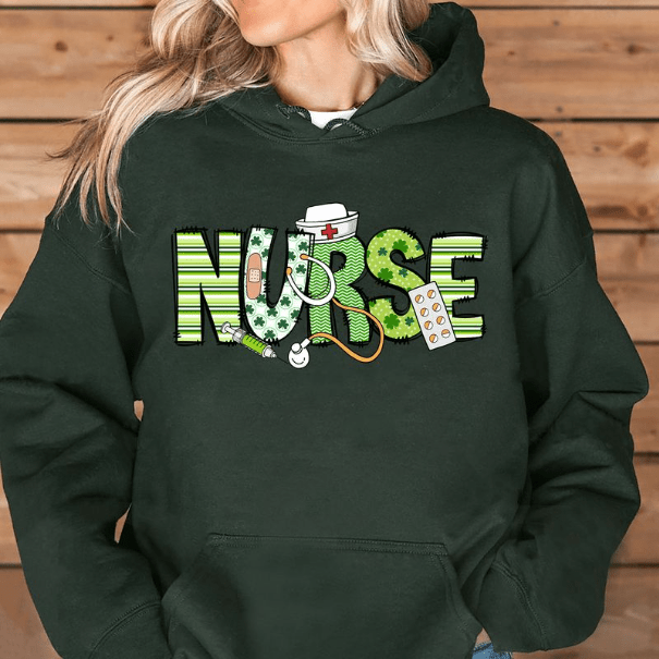 GeckoCustom St. Patrick's Day Nurse Lucky Irish Women Shirt HO82 893404 Pullover Hoodie / forest green / S