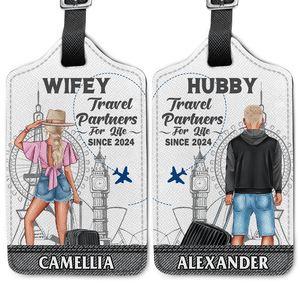 GeckoCustom Traveling Couple Hubby & Wifey Travel Partners For Life Combo Luggage Tags Personalized Gift TA29 890266 Combo 2 Luggage Tags / Medium
