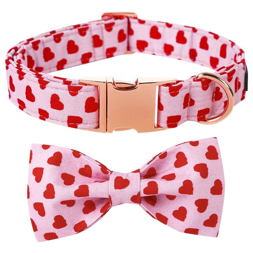 GeckoCustom Unique Style Paws Personlized Pink Valentine Dog Collar with Bow Heart Pet Collar Flower Dog Collar Large Medium Small Dog collar and bowtie / XS