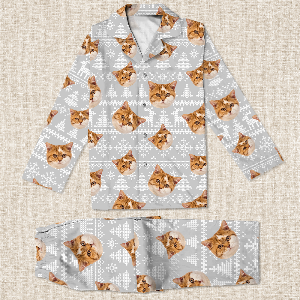 GeckoCustom Upload Cat Photo Christmas Matching Collared Pajamas N304 889870 For Kid / Combo Shirt And Pants (Favorite) / 3XS