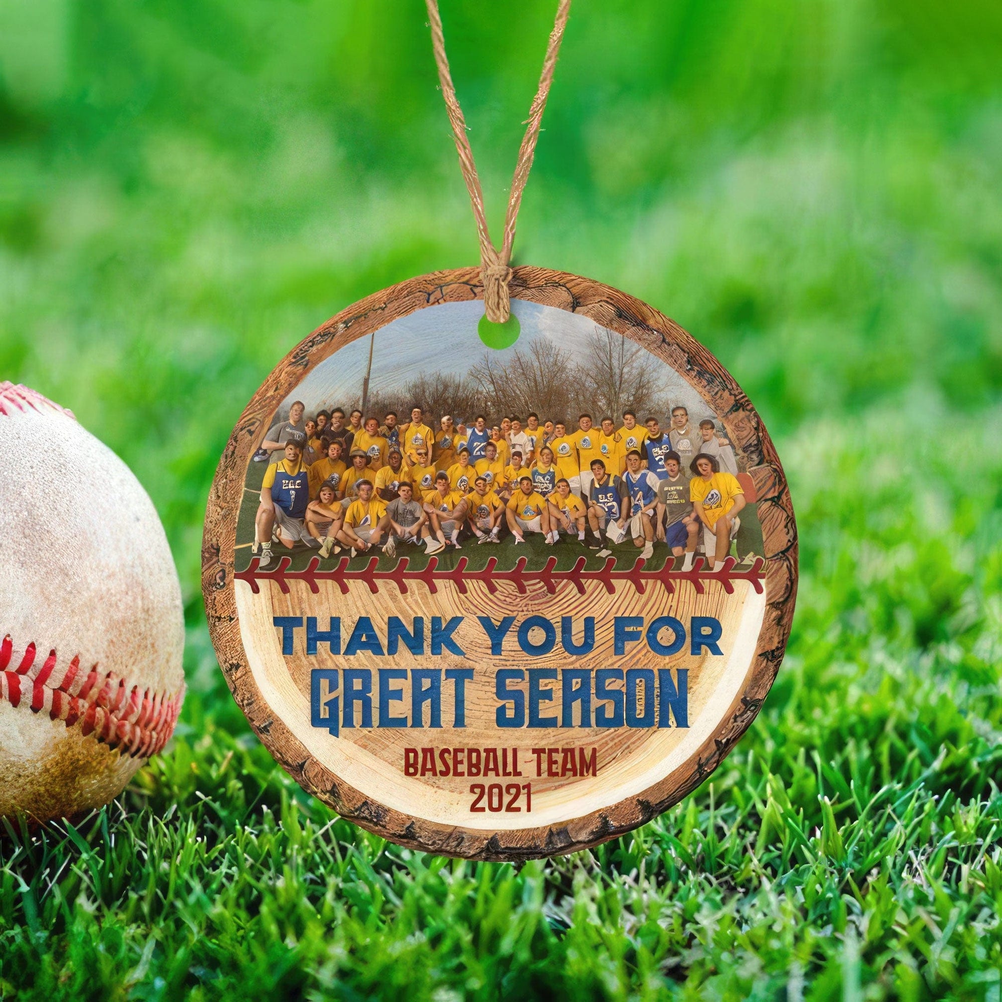 GeckoCustom Upload Photo Baseball Ornament, Thank You For Great Season HN590 Pack 1 / 2.75" tall - 0.125" thick / White Color