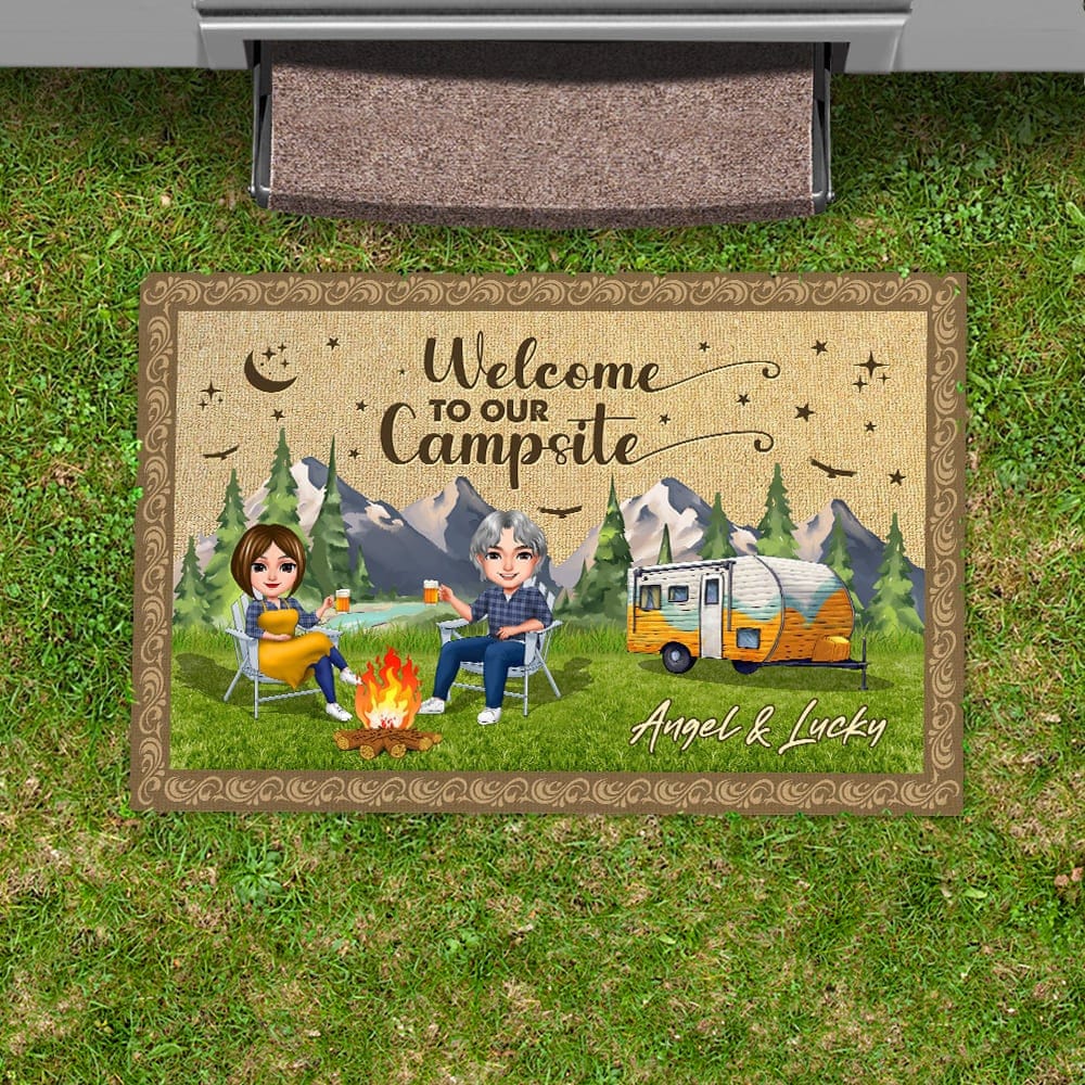 GeckoCustom Welcome To Our Campsite Chibi Couple Camping Doormat  K228 888235 15x24in-40x60cm