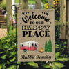 GeckoCustom Welcome To Our Happy Place Camping Flag With Motorhome & Name, Camping Gift HN590