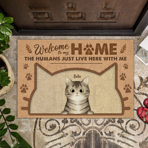 GeckoCustom Welcome To Our Home The Human Just Live Here With Us Cat Doormat Personalized Gift N304 889679