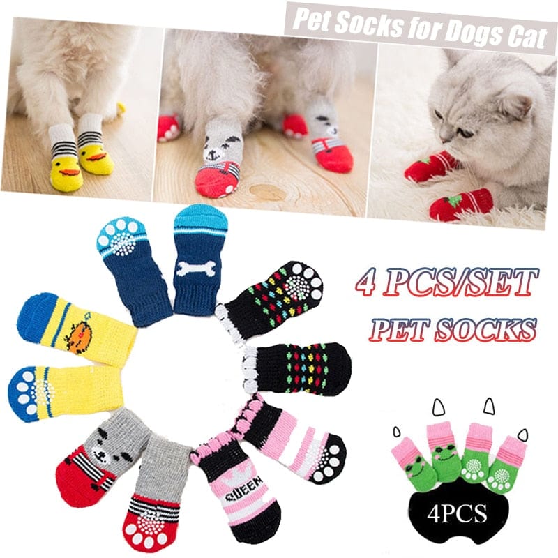 GeckoCustom Winter Warm Dog Socks Cute Cartoon Anti Slip Skid Pet Shoes Socks 4Pcs Soft Breathable Paw Protector for Small Puppy Cat Dogs