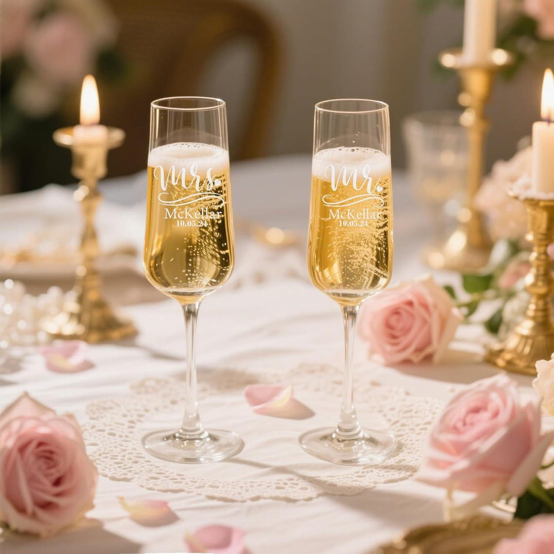 Personalized Custom Name Wedding Champagne Flutes, Mr & Mrs Toasting Glasses TH10 171235