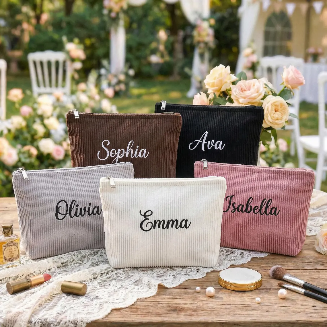 Embroidered Corduroy Cosmetic Bag, Personalized Makeup Bag TH10 170299