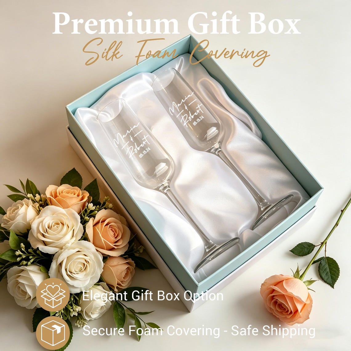 Personalized Custom Name Wedding Champagne Flutes, Mr & Mrs Toasting Glasses TH10 171235