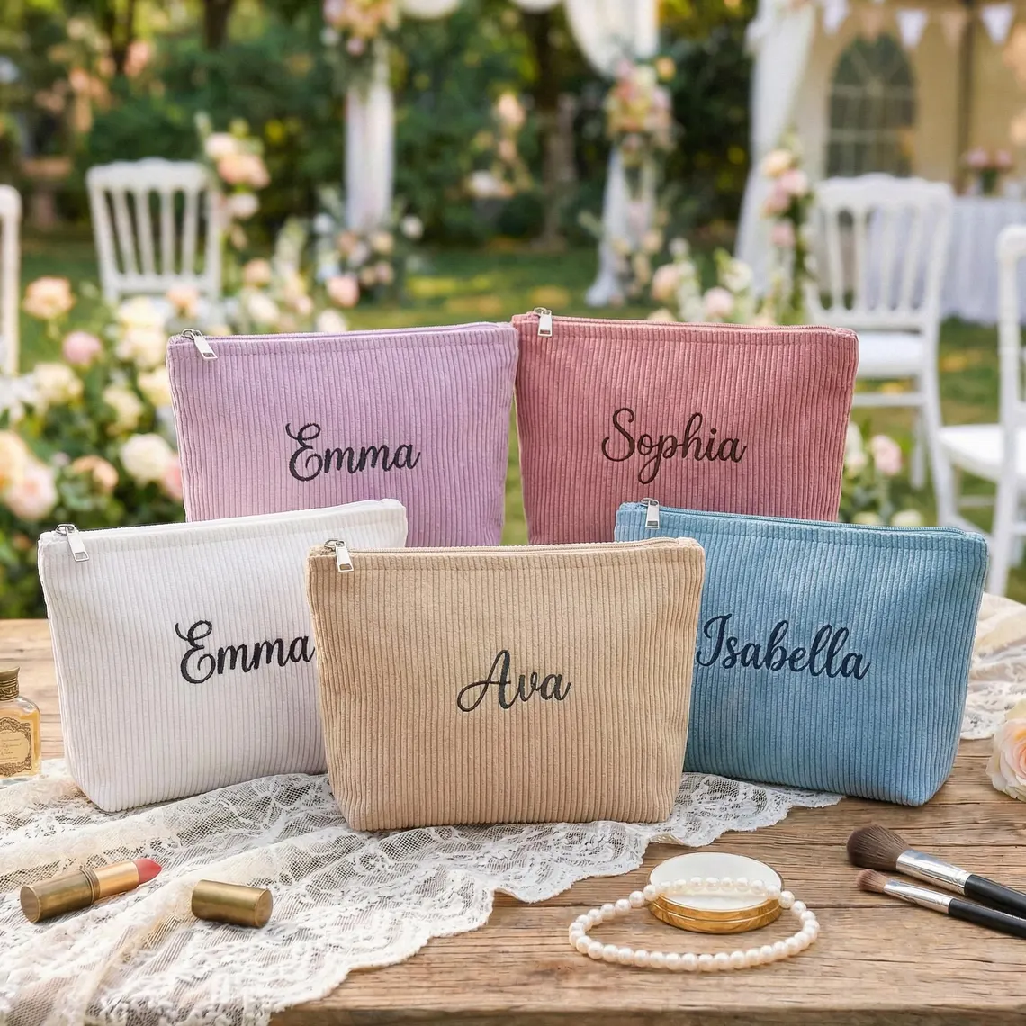 Embroidered Corduroy Cosmetic Bag, Personalized Makeup Bag TH10 170299