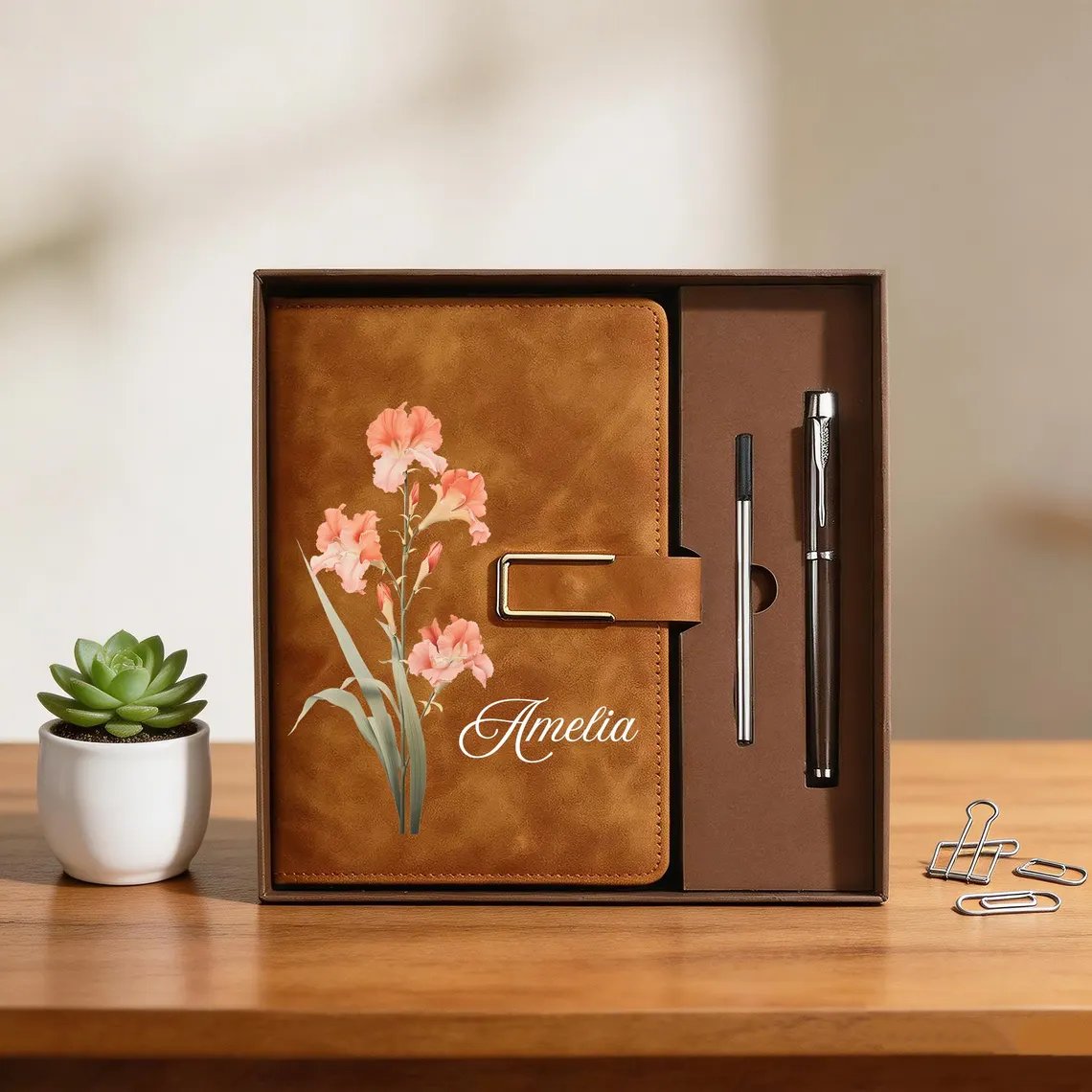 Custom Name Personalized Birth Flower Notebook & Pen Set, Birth Month Flower Journal TH10 170209